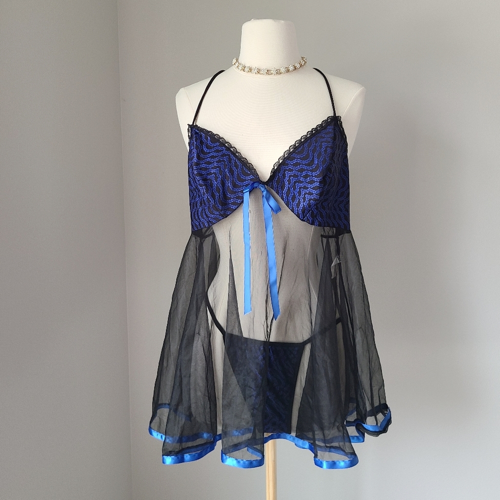 🦋 Rare Delicate Fairy Blue & Black Lace Babydoll Set 🦋